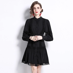 Elegant slim fit black dress with lace lantern sleeves and adjustable waist belt