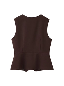 Back view of a brown sleeveless peplum top with a flared hem on white background