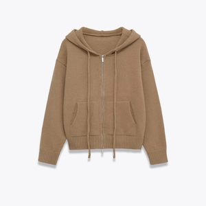 Women Hooded Knit Cardigan Zip Up Drawstring Sweater Jacket With Pockets Casual Soft Long Sleeve Solid Color Outwear