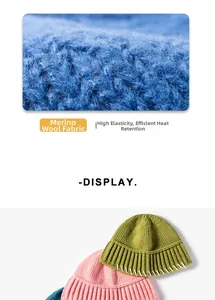Macro detail of soft cashmere wool blend fabric texture on rib-knit beanie hats