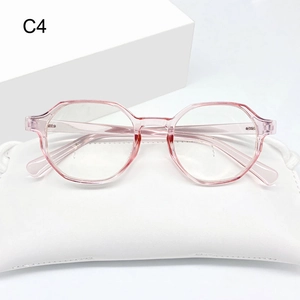 Irregular candy color anti-blue light glasses with transparent pink frame and storage pouch