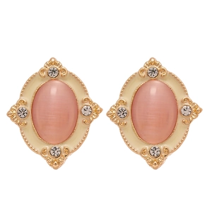 Vintage oval pink cat-eye stone earrings with crystals and gold-plated metal accents