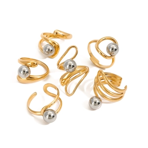 Set of six gold stainless steel rings featuring silver metal beads and minimalist spiral designs