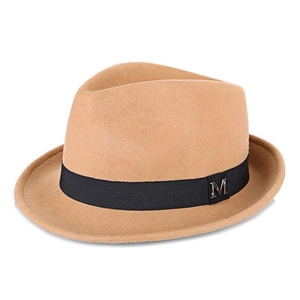 Classico cappello fedora in lana cammello con nastro di raso nero ed emblema M