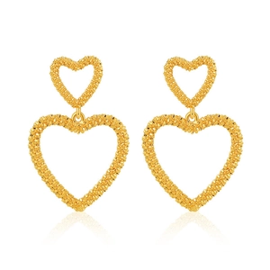 18K gold plated double heart earrings with grainy texture finish on white background