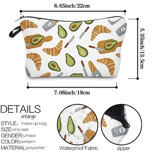Waterproof polyester makeup bag with avocado print, detailed view of fabric and zipper