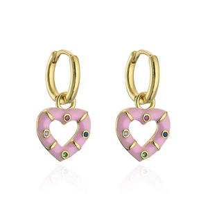 Bohemian gold-plated heart drop earrings with pink enamel and colorful zircon stones