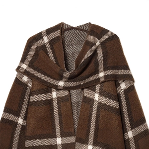 French vintage brown plaid knit short cape coat for women in warm autumn style
