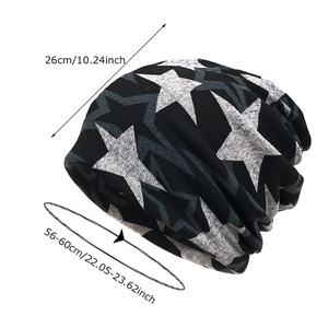 Black star pattern beanie hat with dimensions 26cm height and 56-60cm circumference