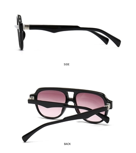 Detailed side and back views of retro pilot sunglasses with pink gradient lenses