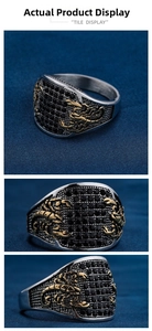 Detailed views of punk scorpion ring with black faceted stones and gold accents
