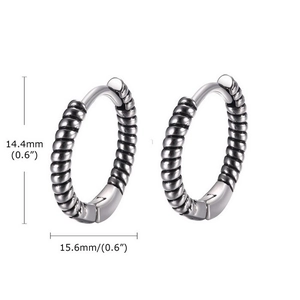 Retro silver twist pattern stainless steel hoop earrings with 15mm size dimensions