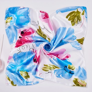 50x50cm square satin silk scarf with elegant floral prints and a smooth glossy finish