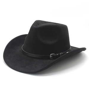 Detail of black suede cowboy hat featuring vintage silver buckle and leather band strap