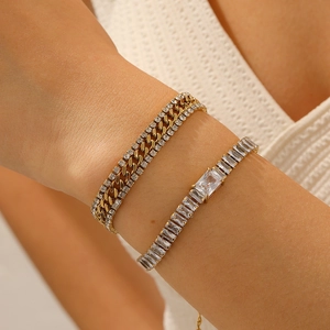 Stainless Steel 18K Gold Plated Square Zircon Tennis And Cuban Chain Bracelet For Women Hip Hop Retro Jewelry