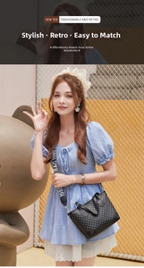 Detail of black checkered tote bag with wide 'BAG. 1980' strap shown in street style