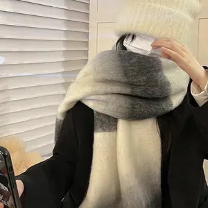 Maillard gradient plaid scarf with white knitted hat for winter warmth and fashion