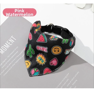 Detail of adjustable pet bandana collar with pink watermelon prints and sturdy buckle