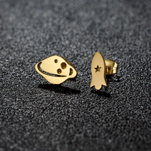 Asymmetric gold spaceship and rocket stud earrings for women in polished stainless steel