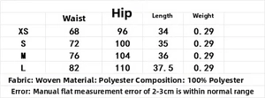 Detailed size chart for pleated mini skirt showing waist, hip, and length in centimeters