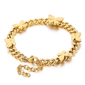 Stainless Steel Butterfly Pineapple Pendant Bracelet Rhinestone Curb Chain Adjustable Korean Style Jewelry For Women
