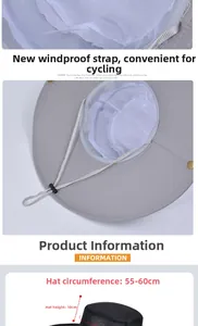 Detail of grey sun hat showing breathable mesh, adjustable wind rope and 55-60cm size info