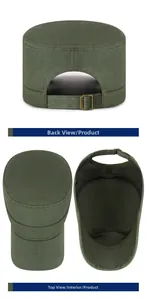 Detail view of military green cotton cadet cap with metal buckle and stitching
