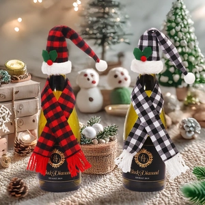 Christmas plaid wine bottle decor set with mini hats and scarves for holiday table