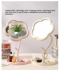 Detail of flower-shaped vanity mirror with storage base tray for jewelry and makeup