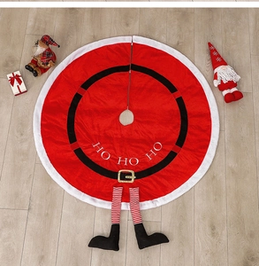 Christmas tree skirt with red belt design, elf legs, and Ho Ho Ho text decoration