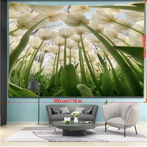 Detail showing a 300x180cm white tulip forest tapestry in a modern living room