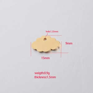 Polished golden stainless steel cloud pendant showing dimensions 15x9mm for DIY jewelry