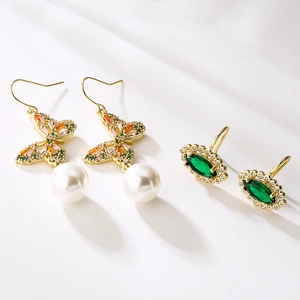 18K gold plated butterfly and emerald green gem earrings with pearls and zircon crystals