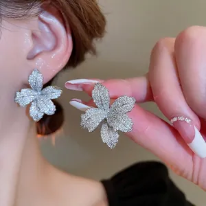 Flower Stud Earrings Copper Cubic Zirconia Sparkling Luxury Elegant Accessory With Silver Earring Post For Women