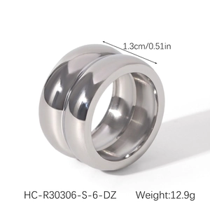 Polished silver double-layered stainless steel ring showing 1.3cm width and 12.9g weight