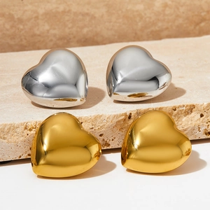 Stainless Steel Heart Stud Earrings Minimalist Chunky Gold Silver Plated Polished Statement Jewelry For Women