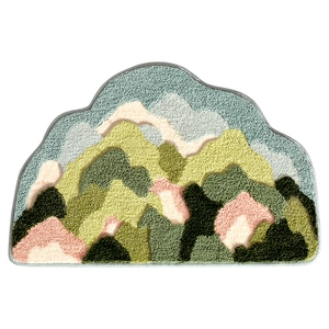 Absorbent flocked bath mat with mountain landscape design and irregular shape