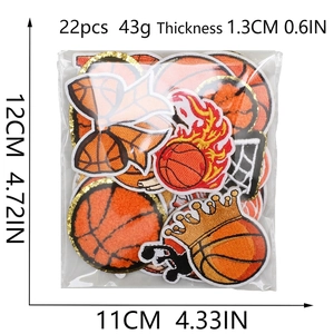 22pcs set of basketball themed iron-on embroidery patches with detailed size markings