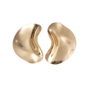Polished gold irregular geometric stud earrings with organic bean shape on white background
