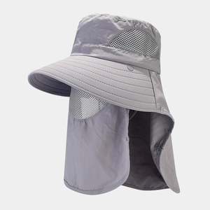 Outdoor sun protection hat with breathable mesh face mask and neck flap in grey