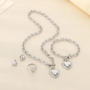 Silver stainless steel jewelry set with heart pendants and chunky O-chain for women