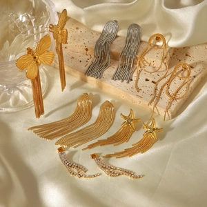 Elegant 18k gold stainless steel tassel earrings and geometric jewelry set on silk