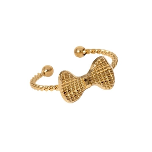 Golden stainless steel bow open ring with twisted band and checkered texture design