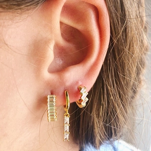 S925 silver needle gold geometric hoop earrings set with baguette-cut zircon stones