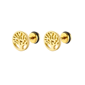 Macro shot of gold-plated stainless steel tree of life stud earrings with hollow design