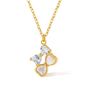 Elegant 18K gold bow necklace featuring heart-shaped zircon and white shell pendants