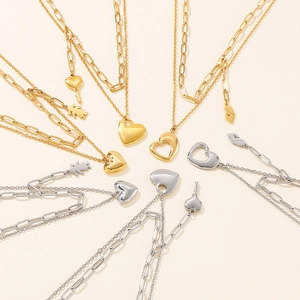 Double-layered stainless steel heart necklaces in gold and silver finishes