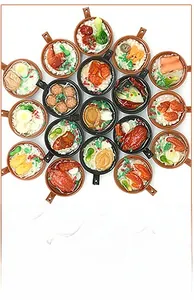 Detailed macro view of various miniature clay pot rice food models with realistic toppings
