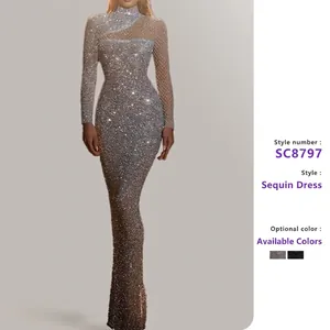 Sequin Evening Dress Long Sleeve High Neck Hollow Out Mesh Patchwork Slim Fit Floor Length Formal Party Gown For Women