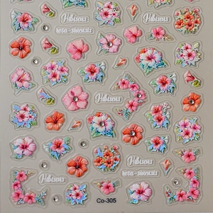 Autocollants 3D pour ongles motif fleurs d'hibiscus roses et feuilles vertes décoratives